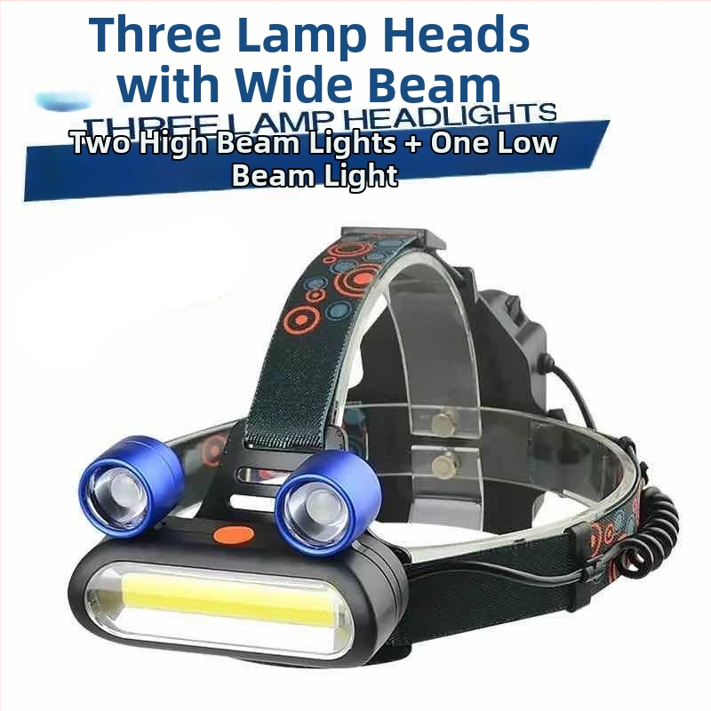 Nová čelovka so širokým lúčom, 3 LED, frog-eye dizajn, COB technológia, vysokovýkonná Li batéria, kompatibilná s 3AA, nabíjateľná
