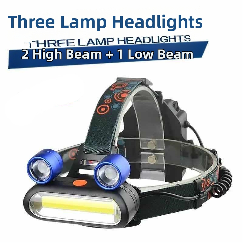 Nová čelovka so širokým lúčom, 3 LED, frog-eye dizajn, COB technológia, vysokovýkonná Li batéria, kompatibilná s 3AA, nabíjateľná
