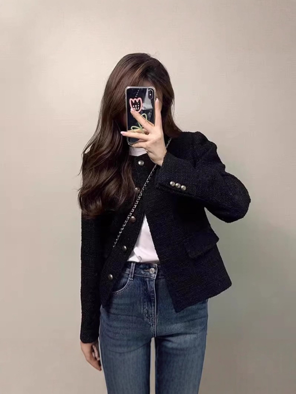 Μαύρο κοντό tweed cardigan για γυναίκες, νέο κορεατικό στυλ σχεδίασης για άνοιξη και φθινόπωρο