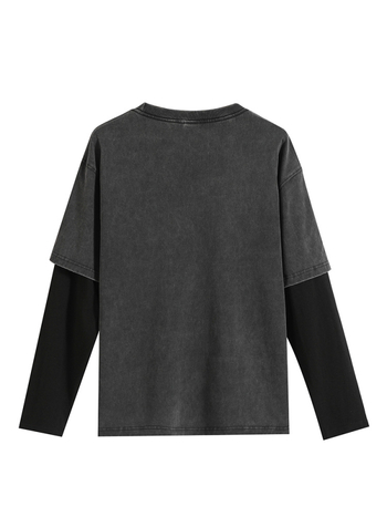 Ανδρικό μακρυμάνικο T‑shirt από βαμβάκι, σχέδιο color-block, ύφασμα 300 g, vintage πλύσιμο με νιφάδες χιονιού, άνετη γραμμή