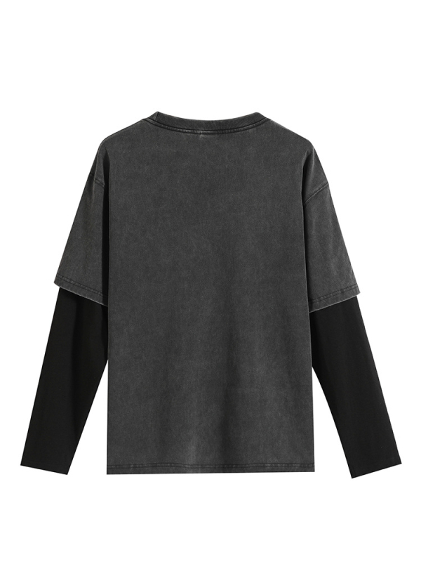 Ανδρικό μακρυμάνικο T‑shirt από βαμβάκι, σχέδιο color-block, ύφασμα 300 g, vintage πλύσιμο με νιφάδες χιονιού, άνετη γραμμή