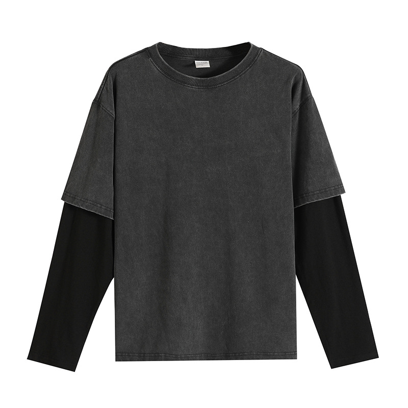 Ανδρικό μακρυμάνικο T‑shirt από βαμβάκι, σχέδιο color-block, ύφασμα 300 g, vintage πλύσιμο με νιφάδες χιονιού, άνετη γραμμή