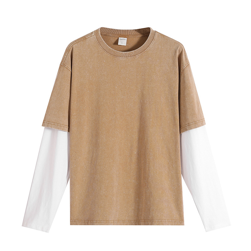Ανδρικό μακρυμάνικο T‑shirt από βαμβάκι, σχέδιο color-block, ύφασμα 300 g, vintage πλύσιμο με νιφάδες χιονιού, άνετη γραμμή