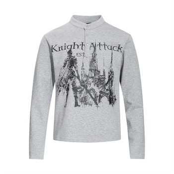 Δημιουργικό T‑shirt με τύπωμα anime, μακρυμάνικο για άντρες, φθινοπωρινό casual, με κουμπιά και μικρό γιακά