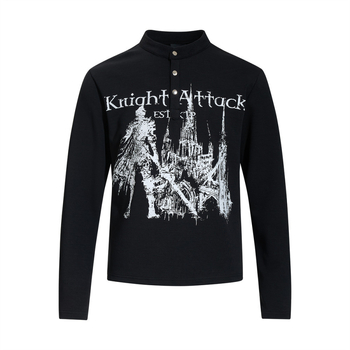 Δημιουργικό T‑shirt με τύπωμα anime, μακρυμάνικο για άντρες, φθινοπωρινό casual, με κουμπιά και μικρό γιακά