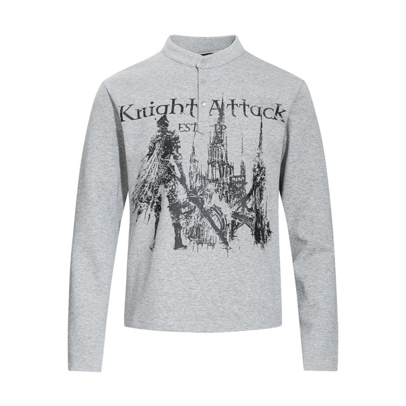 Δημιουργικό T‑shirt με τύπωμα anime, μακρυμάνικο για άντρες, φθινοπωρινό casual, με κουμπιά και μικρό γιακά