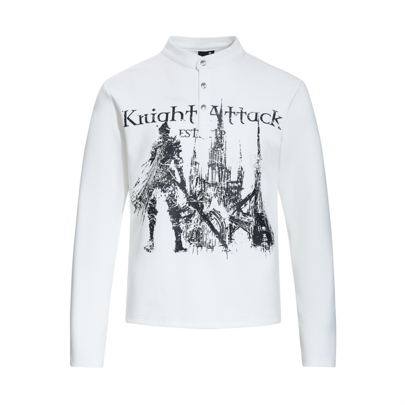 Δημιουργικό T‑shirt με τύπωμα anime, μακρυμάνικο για άντρες, φθινοπωρινό casual, με κουμπιά και μικρό γιακά