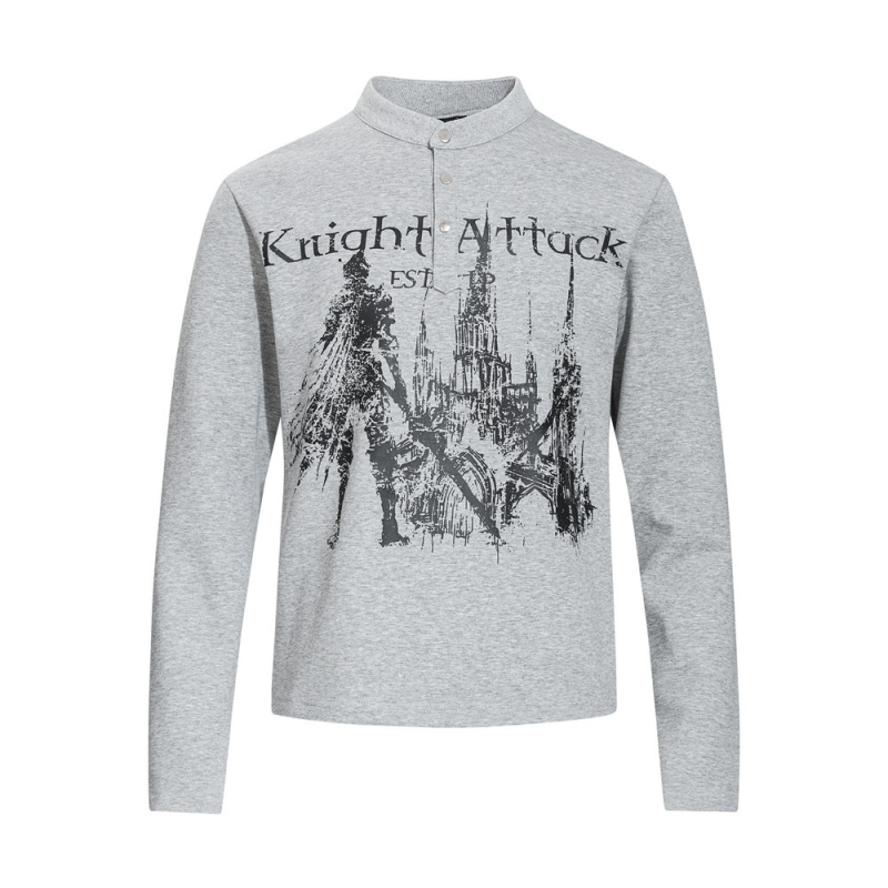 Δημιουργικό T‑shirt με τύπωμα anime, μακρυμάνικο για άντρες, φθινοπωρινό casual, με κουμπιά και μικρό γιακά