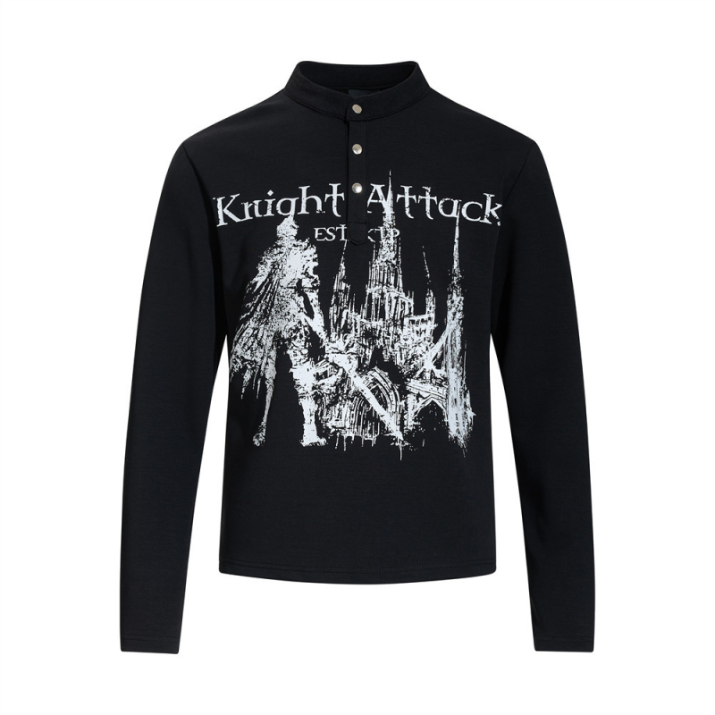 Δημιουργικό T‑shirt με τύπωμα anime, μακρυμάνικο για άντρες, φθινοπωρινό casual, με κουμπιά και μικρό γιακά