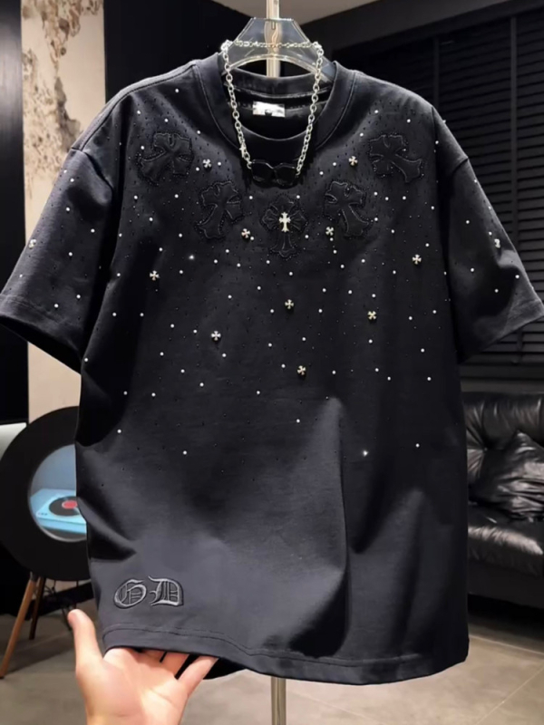 Ανδρικό T-shirt με κοντές μανίκες για φθινόπωρο-χειμώνα, κέντημα με κρύσταλλα σε σχέδιο σταυρού, ελαφρύς πολυτελής casual, χαλαρή εφαρμογή, λαιμός στρογγυλός