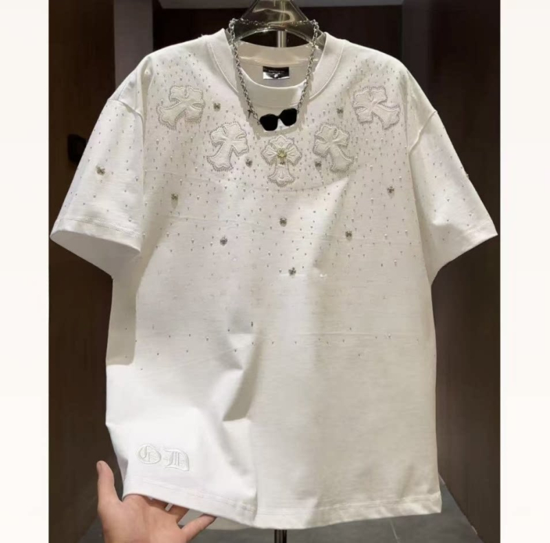 Ανδρικό T-shirt με κοντές μανίκες για φθινόπωρο-χειμώνα, κέντημα με κρύσταλλα σε σχέδιο σταυρού, ελαφρύς πολυτελής casual, χαλαρή εφαρμογή, λαιμός στρογγυλός