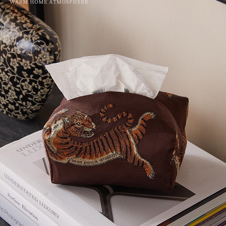 Új kínai stílusú luxus tigra mintás jacquard szövetből készült zsebkendő-doboz, nappaliba, hálószobába, asztalra és az autóba