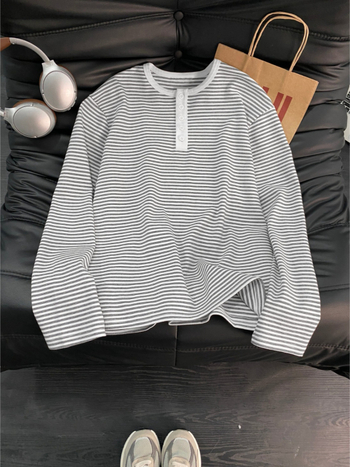 Ιαπωνικού στυλ ριγέ Henley με γιακά, color-block, μακριά μανίκια, 100% βαμβάκι, unisex, άνοιξη 2026