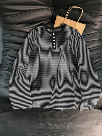 Ιαπωνικού στυλ ριγέ Henley με γιακά, color-block, μακριά μανίκια, 100% βαμβάκι, unisex, άνοιξη 2026