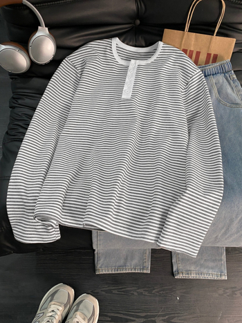 Ιαπωνικού στυλ ριγέ Henley με γιακά, color-block, μακριά μανίκια, 100% βαμβάκι, unisex, άνοιξη 2026