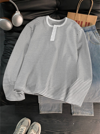 Ιαπωνικού στυλ ριγέ Henley με γιακά, color-block, μακριά μανίκια, 100% βαμβάκι, unisex, άνοιξη 2026