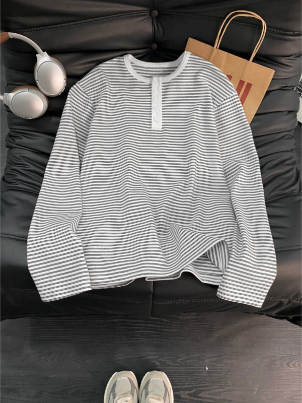 Ιαπωνικού στυλ ριγέ Henley με γιακά, color-block, μακριά μανίκια, 100% βαμβάκι, unisex, άνοιξη 2026