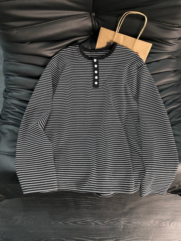 Ιαπωνικού στυλ ριγέ Henley με γιακά, color-block, μακριά μανίκια, 100% βαμβάκι, unisex, άνοιξη 2026
