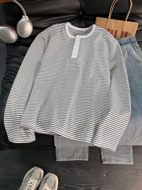 Ιαπωνικού στυλ ριγέ Henley με γιακά, color-block, μακριά μανίκια, 100% βαμβάκι, unisex, άνοιξη 2026