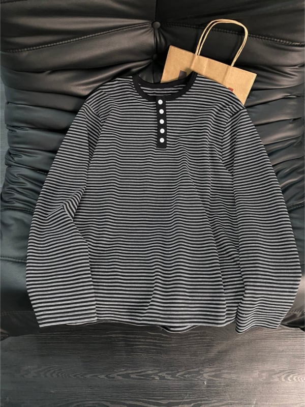 Ιαπωνικού στυλ ριγέ Henley με γιακά, color-block, μακριά μανίκια, 100% βαμβάκι, unisex, άνοιξη 2026