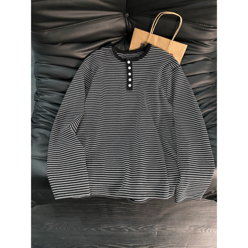 Ιαπωνικού στυλ ριγέ Henley με γιακά, color-block, μακριά μανίκια, 100% βαμβάκι, unisex, άνοιξη 2026