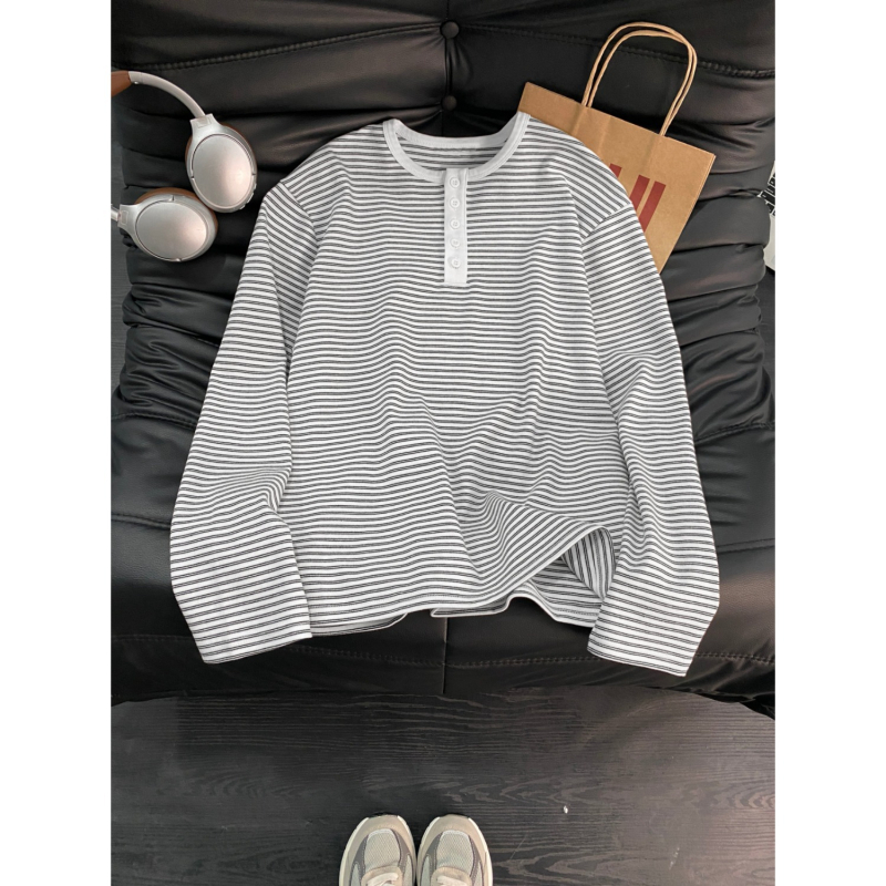 Ιαπωνικού στυλ ριγέ Henley με γιακά, color-block, μακριά μανίκια, 100% βαμβάκι, unisex, άνοιξη 2026
