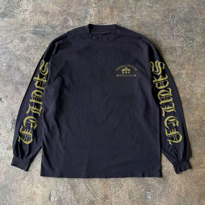 Βαρύ βαμβακερό T‑shirt με λαιμόκοψη στρογγυλή, μακριά μανίκια, φαρδιά γραμμή, αμερικανικό ρετρό τύπωμα για άνδρες