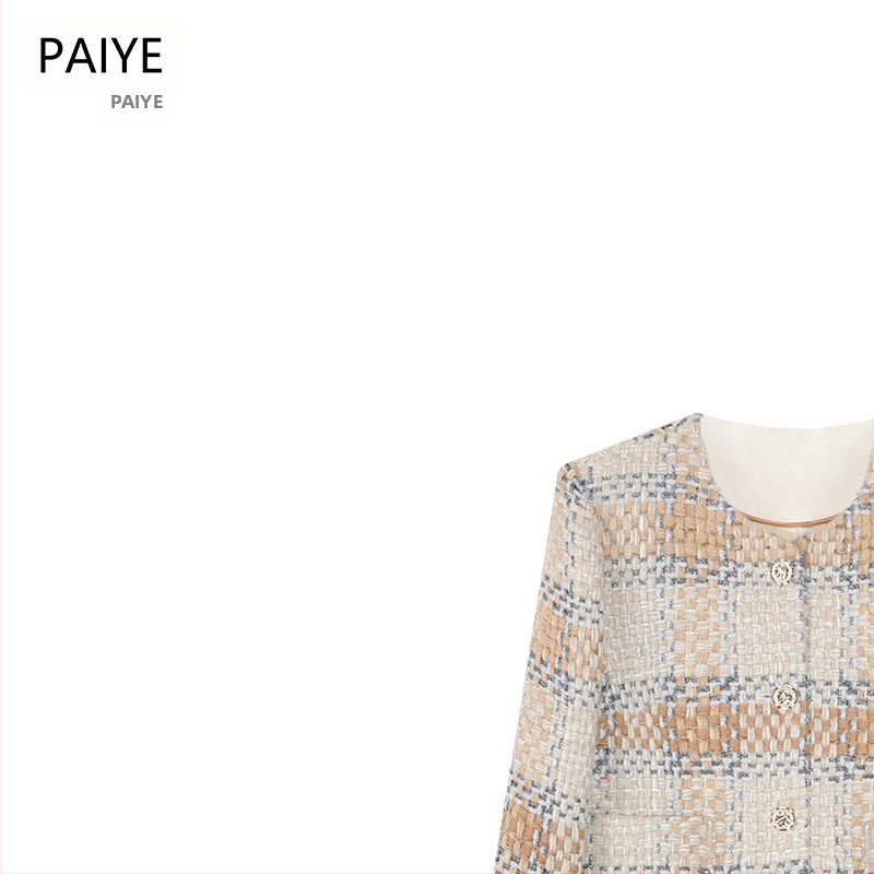 Ženský krátky kabát v teplých tónoch, Chanel štýl, káro tweed, okrúhly golier, jeseň 2025, A71660