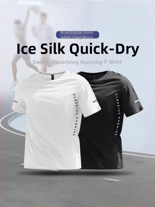 Pánske rýchloschné tričko na behanie z polyesteru s ice-silk materiálom, krátky rukáv, slim fit, priedušný