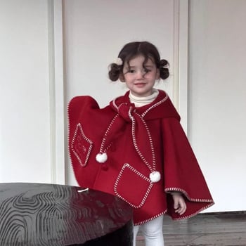 Dievčenský kabát s dvostranným vlneným materiálom, kapucňa, ozdobné pom-pom, hrubé zimné oblečenie, veľkosť 26