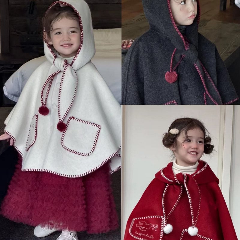 Dievčenský kabát s dvostranným vlneným materiálom, kapucňa, ozdobné pom-pom, hrubé zimné oblečenie, veľkosť 26