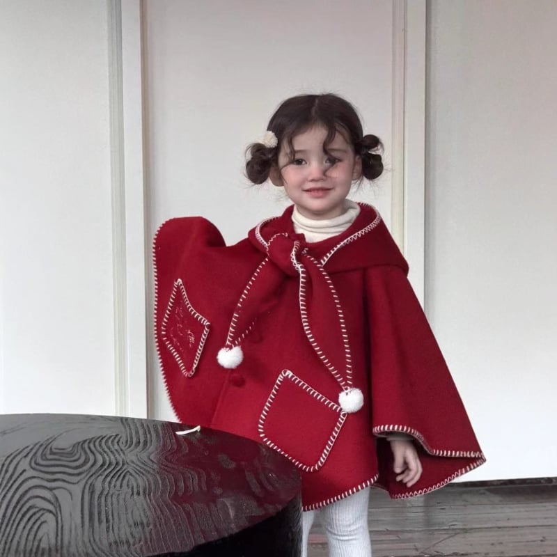 Dievčenský kabát s dvostranným vlneným materiálom, kapucňa, ozdobné pom-pom, hrubé zimné oblečenie, veľkosť 26