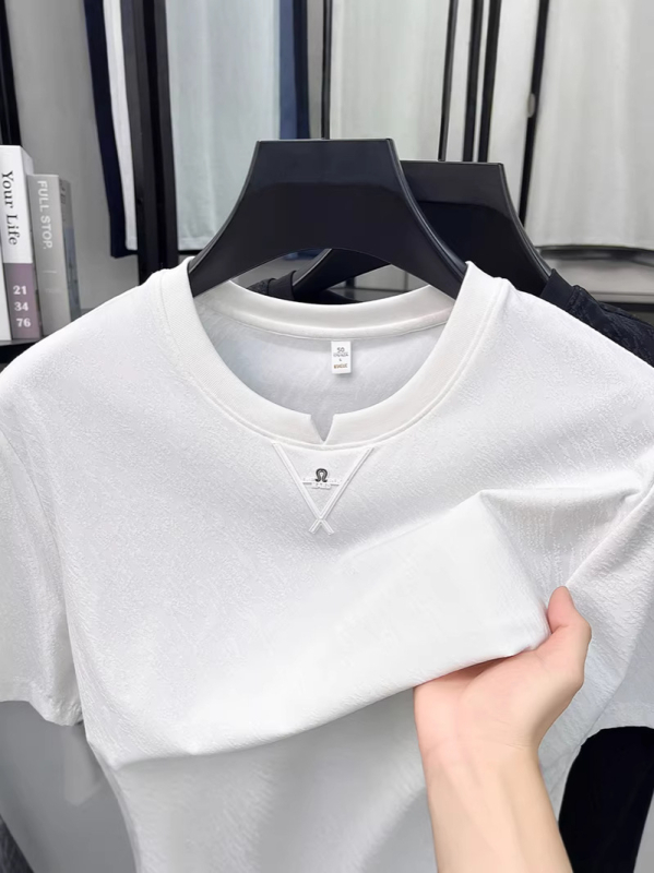 Ανδρικό T-shirt με στρογγυλή λαιμόκοψη, κοντό μανίκι, ice silk, ελαφρύ και χαλαρό στυλ για καλοκαίρι, για άνδρες μέσης ηλικίας