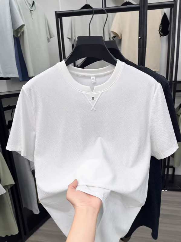 Ανδρικό T-shirt με στρογγυλή λαιμόκοψη, κοντό μανίκι, ice silk, ελαφρύ και χαλαρό στυλ για καλοκαίρι, για άνδρες μέσης ηλικίας