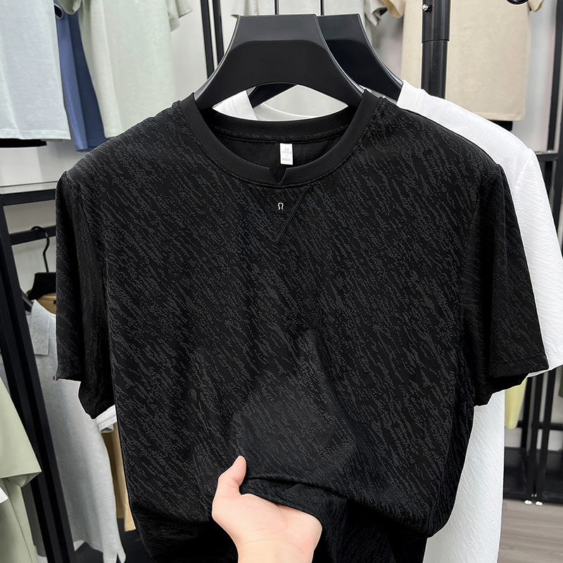 Ανδρικό T-shirt με στρογγυλή λαιμόκοψη, κοντό μανίκι, ice silk, ελαφρύ και χαλαρό στυλ για καλοκαίρι, για άνδρες μέσης ηλικίας