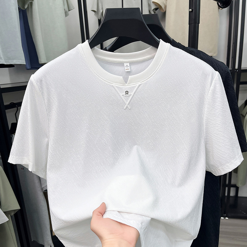 Ανδρικό T-shirt με στρογγυλή λαιμόκοψη, κοντό μανίκι, ice silk, ελαφρύ και χαλαρό στυλ για καλοκαίρι, για άνδρες μέσης ηλικίας