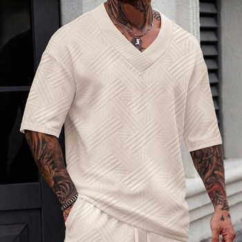Νέα ανδρική T‑shirt με jacquard, μονόχρωμη, V‑λαιμό, κοντά μανίκια, για άνοιξη-καλοκαίρι, casual και ευέλικτη