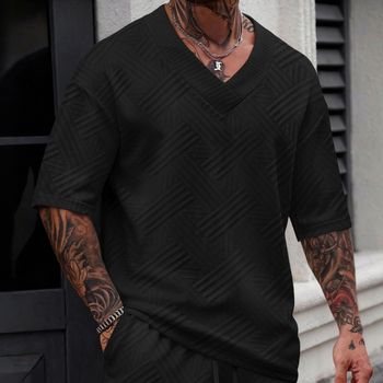 Νέα ανδρική T‑shirt με jacquard, μονόχρωμη, V‑λαιμό, κοντά μανίκια, για άνοιξη-καλοκαίρι, casual και ευέλικτη