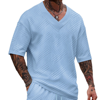 Νέα ανδρική T‑shirt με jacquard, μονόχρωμη, V‑λαιμό, κοντά μανίκια, για άνοιξη-καλοκαίρι, casual και ευέλικτη