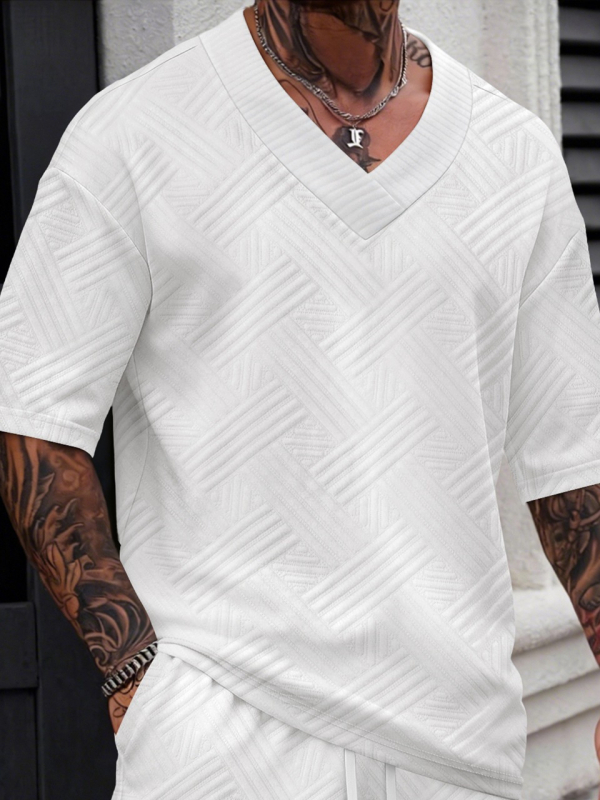 Νέα ανδρική T‑shirt με jacquard, μονόχρωμη, V‑λαιμό, κοντά μανίκια, για άνοιξη-καλοκαίρι, casual και ευέλικτη