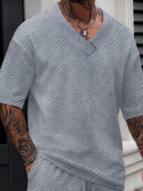 Νέα ανδρική T‑shirt με jacquard, μονόχρωμη, V‑λαιμό, κοντά μανίκια, για άνοιξη-καλοκαίρι, casual και ευέλικτη