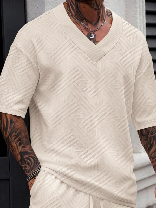 Νέα ανδρική T‑shirt με jacquard, μονόχρωμη, V‑λαιμό, κοντά μανίκια, για άνοιξη-καλοκαίρι, casual και ευέλικτη