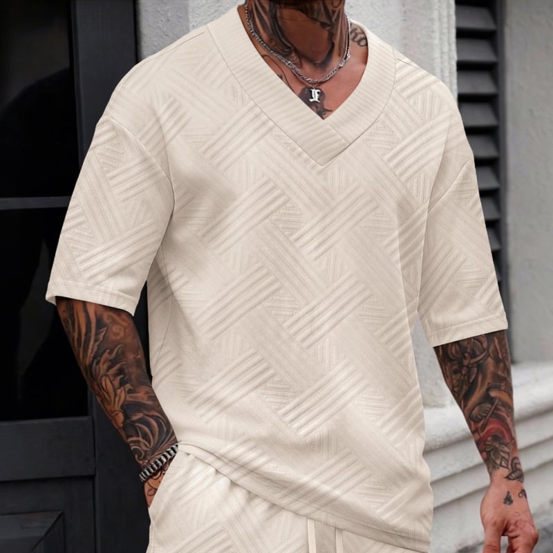 Νέα ανδρική T‑shirt με jacquard, μονόχρωμη, V‑λαιμό, κοντά μανίκια, για άνοιξη-καλοκαίρι, casual και ευέλικτη