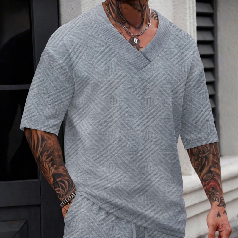 Νέα ανδρική T‑shirt με jacquard, μονόχρωμη, V‑λαιμό, κοντά μανίκια, για άνοιξη-καλοκαίρι, casual και ευέλικτη