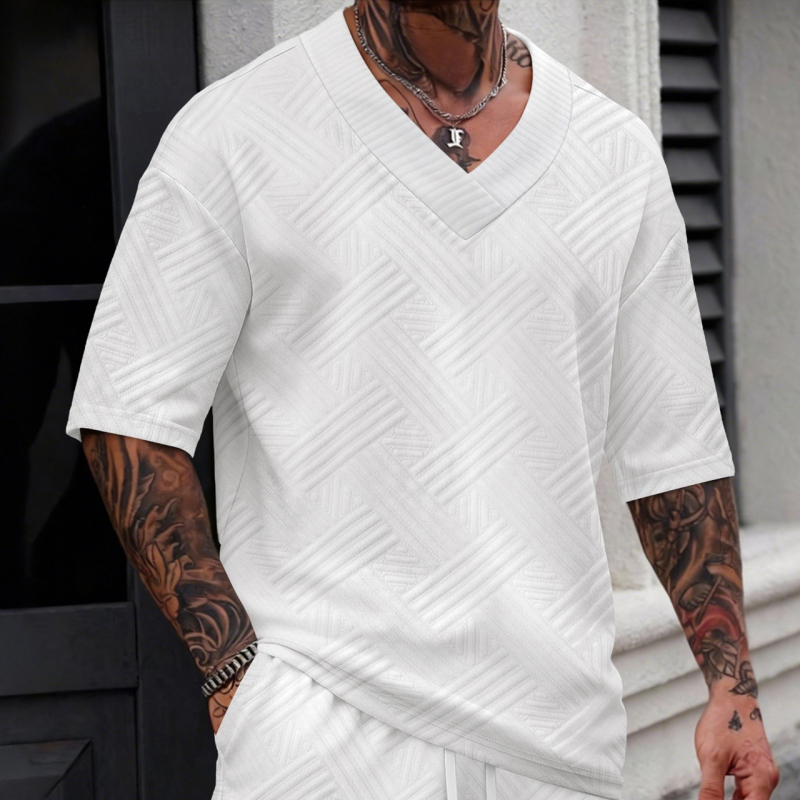 Νέα ανδρική T‑shirt με jacquard, μονόχρωμη, V‑λαιμό, κοντά μανίκια, για άνοιξη-καλοκαίρι, casual και ευέλικτη