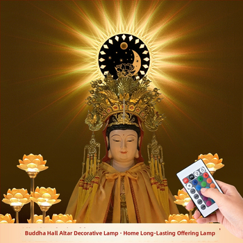 Kruhová Buddhova svätyňa s pozadím šťastia, socha Bodhisattvy na oltári, dekoratívne LED svetlo s USB nabíjaním a senzorom pohybu