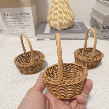 Μίνι καλαθάκι με χερούλι, πλαστικό πλέγμα ρατάν, κρεμαστό στον τοίχο για διακόσμηση μπαλκονιού και σαλονιού