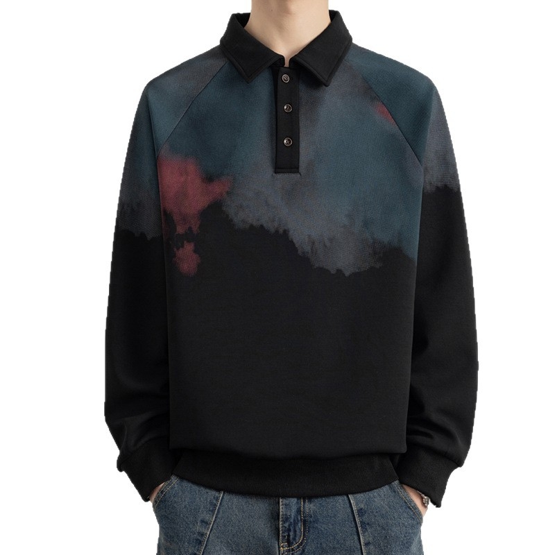 Enbu αντρικό φούτερ με φλίς και λεπτομέρεια patchwork, polo γιακά, μακριά μανίκια, καθημερινό casual, φθινοπωρινό-χειμερινό 2025, για νέους 18-24 ετών