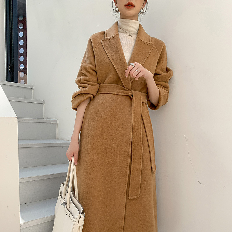 Γυναικείο διπλής όψης μάλλινο παλτό μεσαίου μήκους, στυλ Χέπμπερν και Κορεατικό στυλ, με ζώνη, 2023