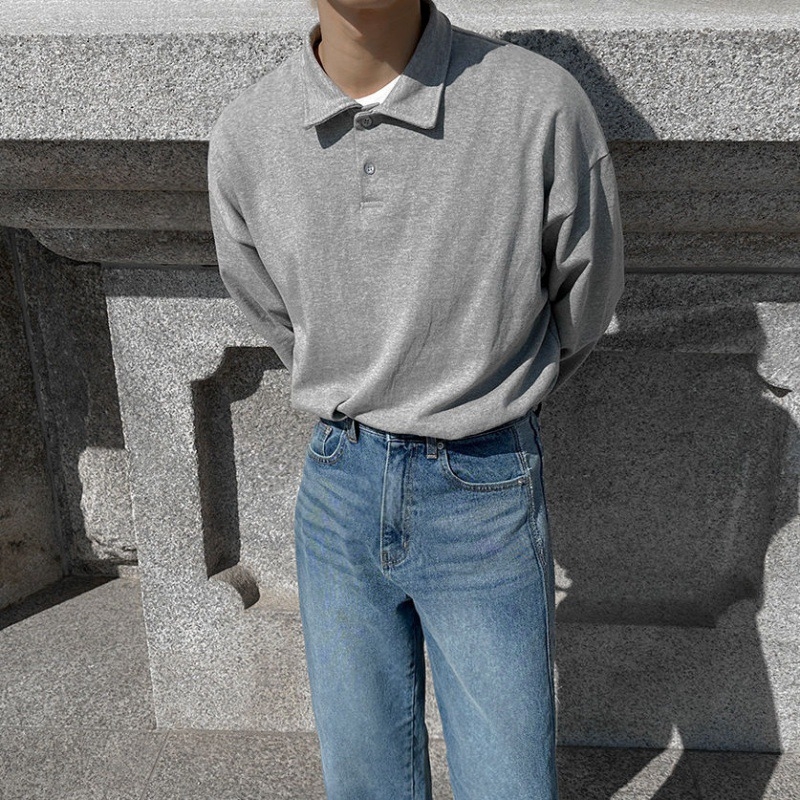 Ανδρικό cardigan polo από βαμβάκι με φλις επένδυση, κορεατικό στυλ, μακριά μανίκια, με κουμπιά
